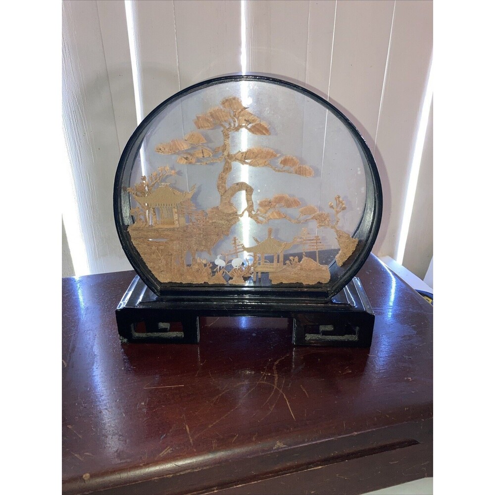 Vintage Lacquer Chinese Hand Carved Cork Pastoral Diorama w/Pagoda, Cranes